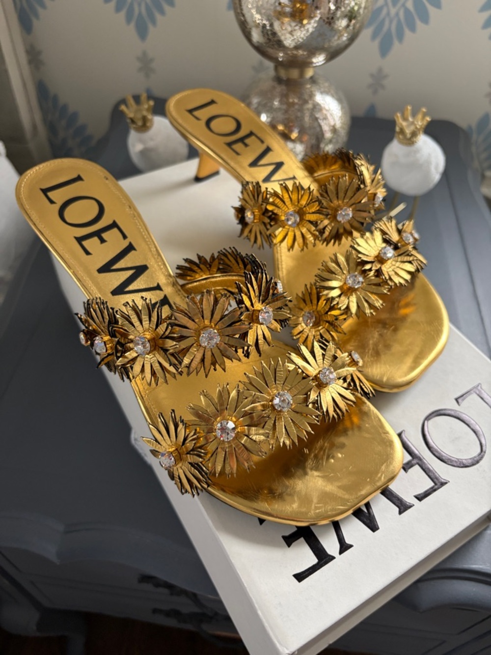 Loewe gold petal flower crystal embellished sandals size 40